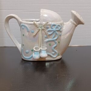 Vintage Ceramic Mini Watering Can with Blue and White Accents